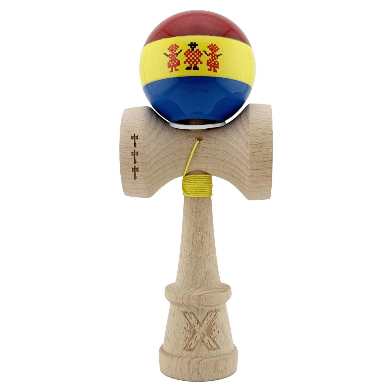 Kendama X Originala, Profesionala, Flippy, Tricolor Edition Stil Romanesc, Super Sticky cu Cupe Mari KING SIZE V3, Rulment Metalic si Gaura in Baza, din Lemn 18 cm, Ata 62/65 cm, Multicolor [2]