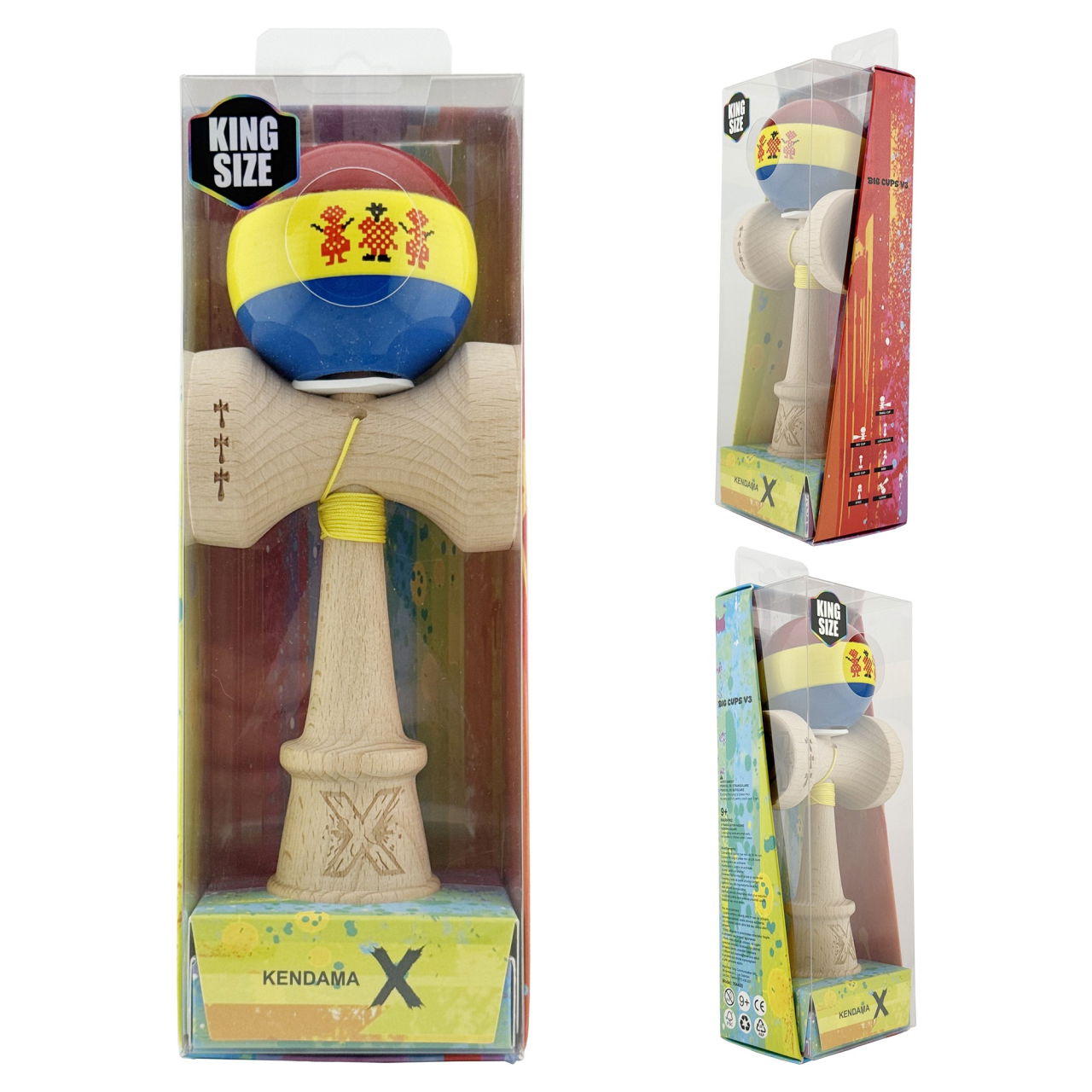 Kendama X Originala, Profesionala, Flippy, Tricolor Edition Stil Romanesc, Super Sticky cu Cupe Mari KING SIZE V3, Rulment Metalic si Gaura in Baza, din Lemn 18 cm, Ata 62/65 cm, Multicolor [5]