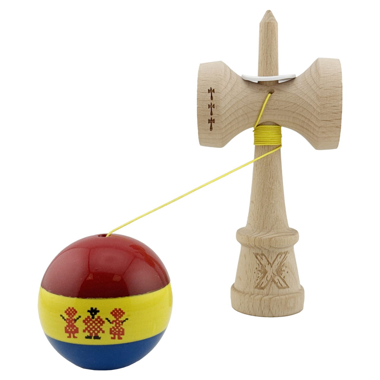 Kendama X Originala, Profesionala, Flippy, Tricolor Edition Stil Romanesc, Super Sticky cu Cupe Mari KING SIZE V3, Rulment Metalic si Gaura in Baza, din Lemn 18 cm, Ata 62/65 cm, Multicolor [4]