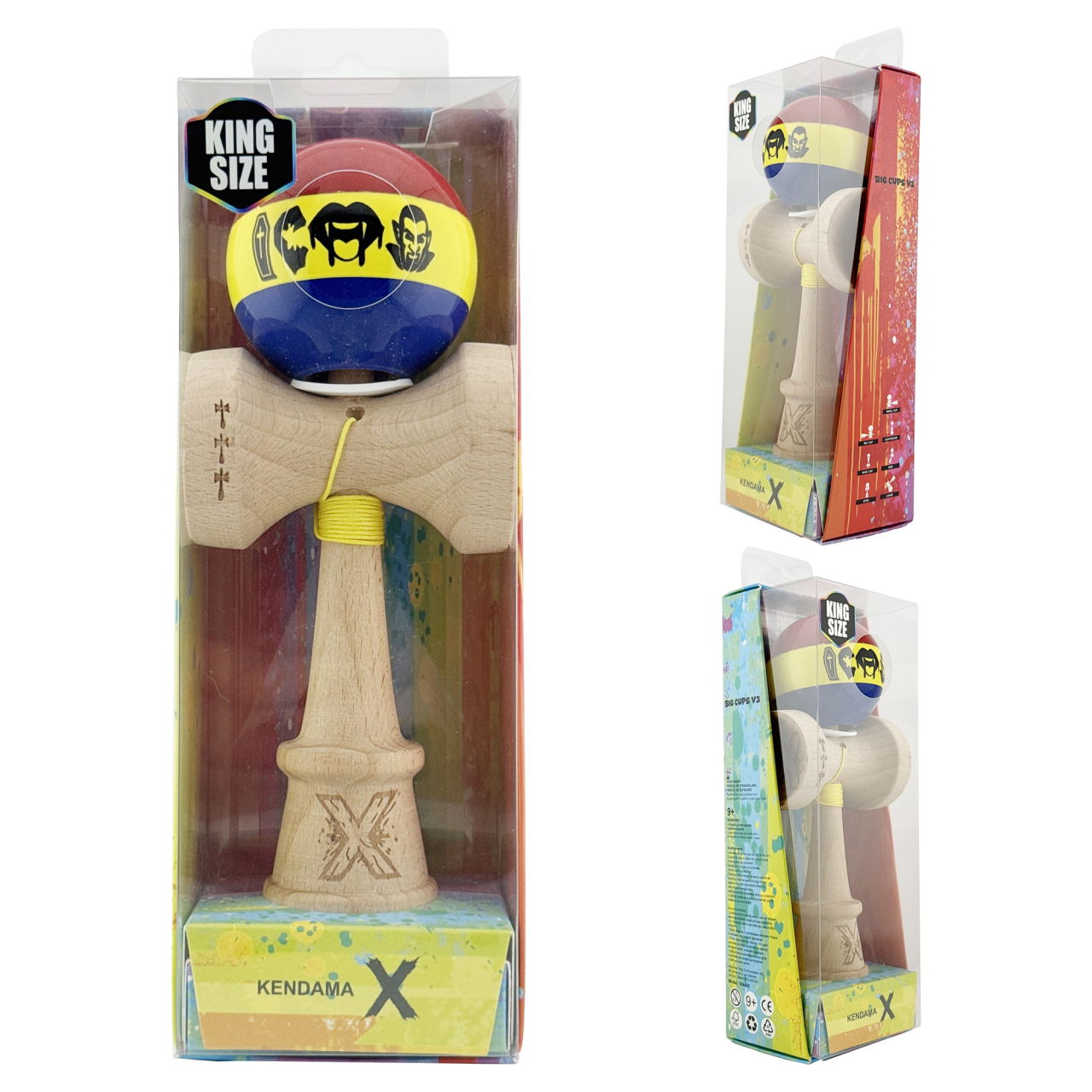 Kendama X Originala, Profesionala, Flippy, Tricolor Edition Vampir Dracula, Super Sticky cu Cupe Mari KING SIZE V3, Rulment Metalic si Gaura in Baza, din Lemn 18 cm, Ata 62/65 cm, Multicolor [5]