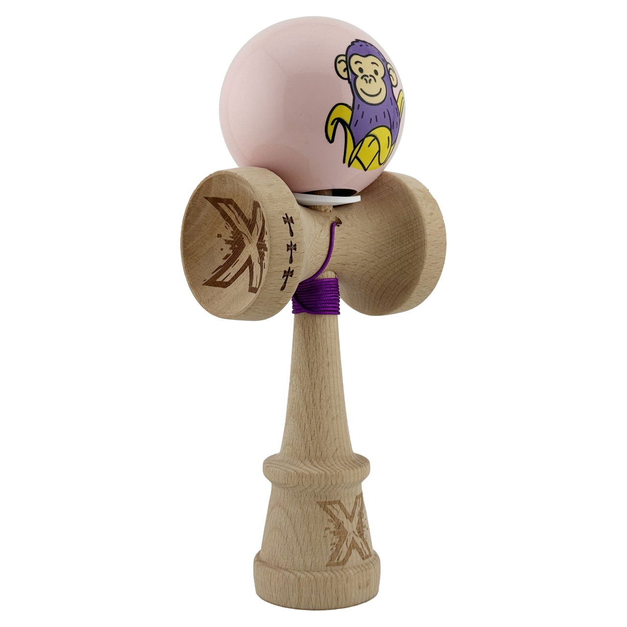 Kendama X Originala, Profesionala, Flippy, Violet Monkey, Super Sticky cu Cupe Mari King Size V3, Rulment Metalic si Gaura in Baza, din Lemn 18 cm, Ata 62/65 cm, Roz [1]