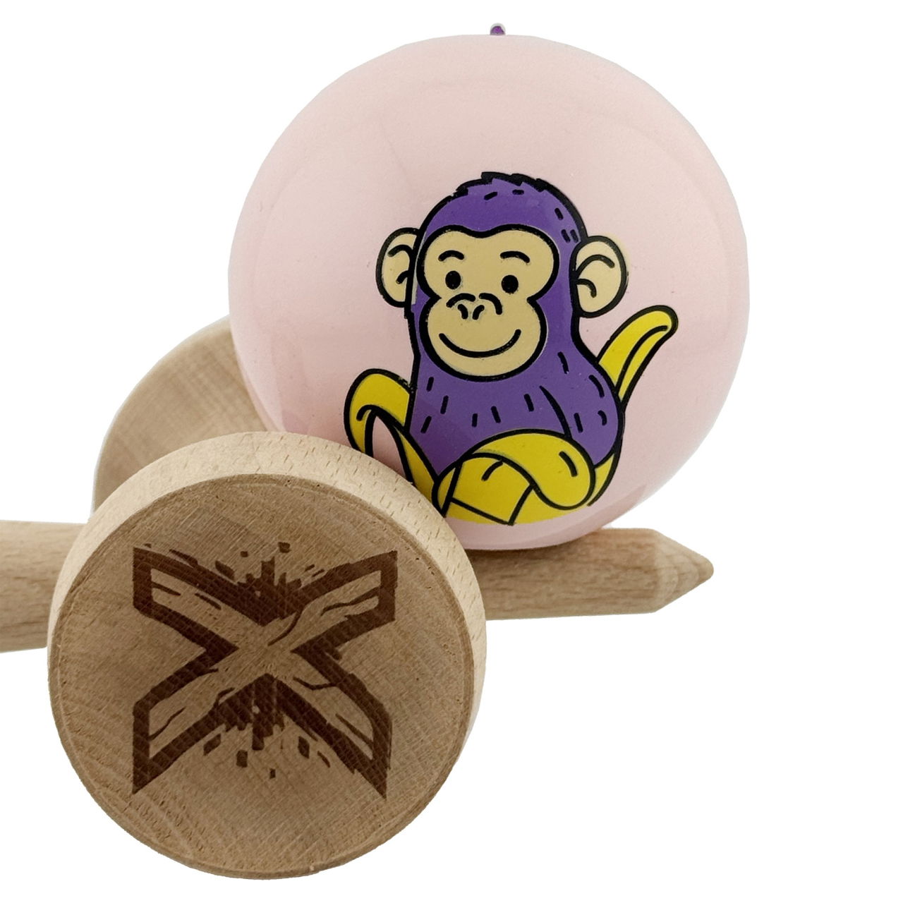 Kendama X Originala, Profesionala, Flippy, Violet Monkey, Super Sticky cu Cupe Mari King Size V3, Rulment Metalic si Gaura in Baza, din Lemn 18 cm, Ata 62/65 cm, Roz [9]