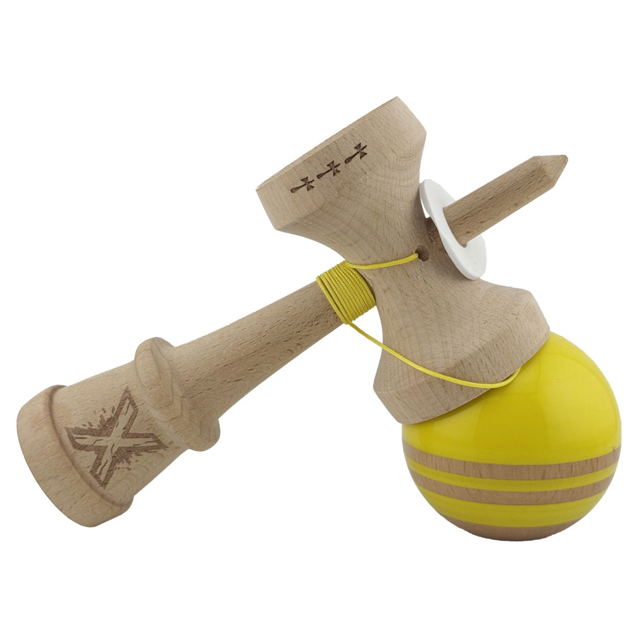 Kendama X Originala RAINBOW, Profesionala, Flippy, Cupe Mari KING SIZE V3, Super Sticky, Gaura in Baza, Rulment Metalic, din lemn 18 cm, Ata 62/65 cm, Galben/Maro [5]