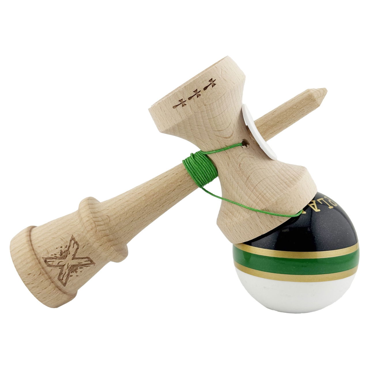 Kendama X Originala ROYAL SPIKE, Profesionala, Flippy, Cupe Mari KING SIZE V3, Super Sticky, Gaura in Baza, Rulment Metalic, din lemn 18 cm, Ata 62/65 cm, Inel Verde [5]