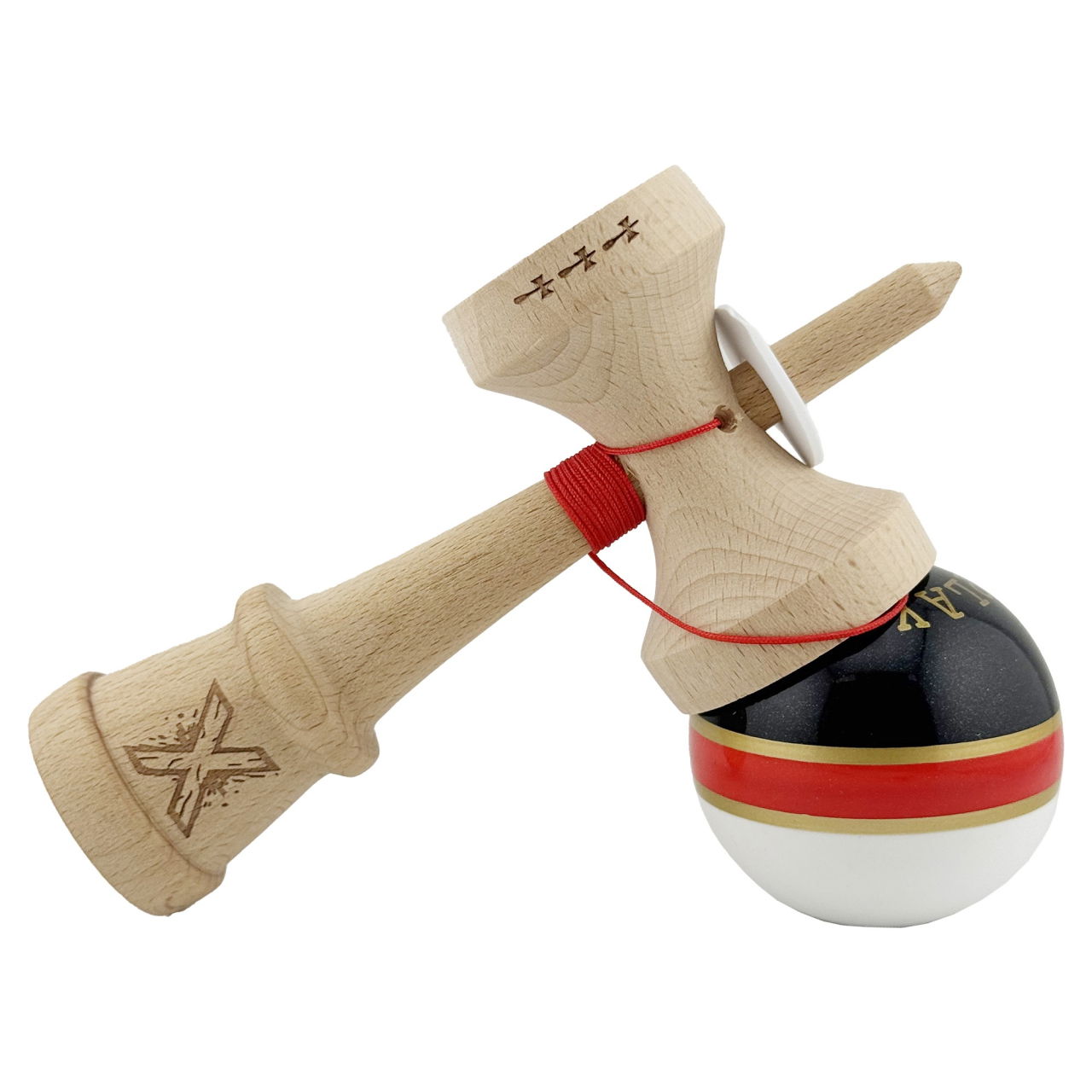 Kendama X Originala ROYAL SPIKE, Profesionala, Flippy, Cupe Mari KING SIZE V3, Super Sticky, Gaura in Baza, Rulment Metalic, din lemn 18 cm, Ata 62/65 cm, Inel Rosu [5]