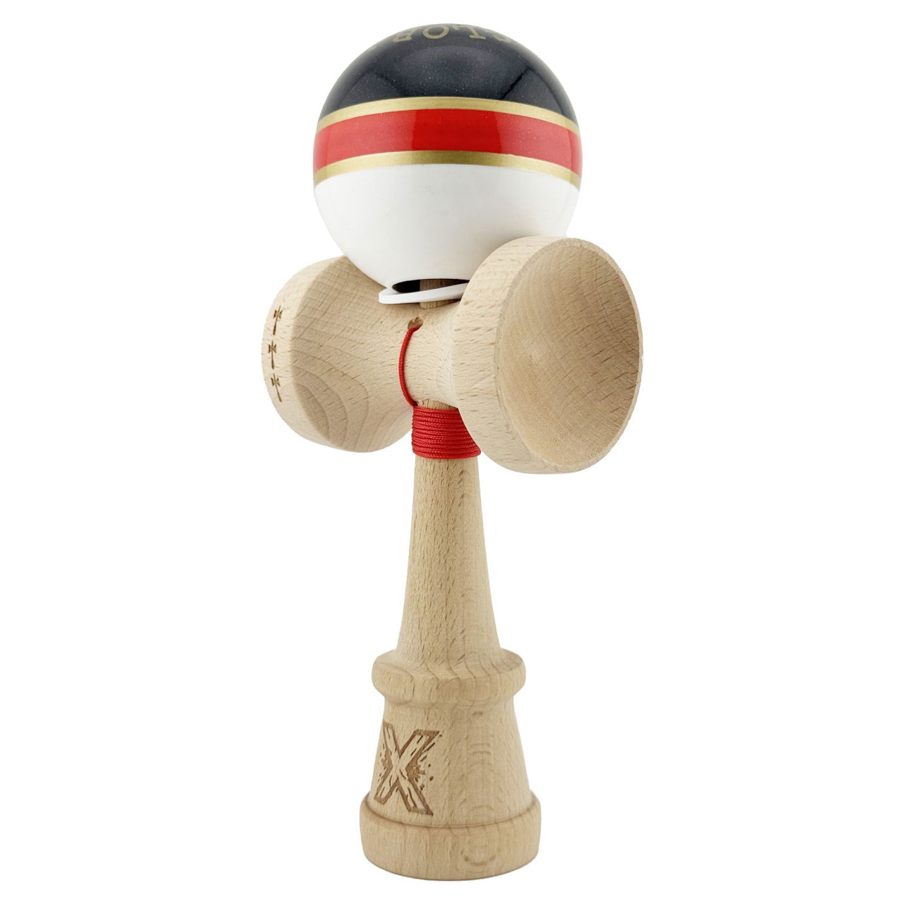 Kendama X Originala ROYAL SPIKE, Profesionala, Flippy, Cupe Mari KING SIZE V3, Super Sticky, Gaura in Baza, Rulment Metalic, din lemn 18 cm, Ata 62/65 cm, Inel Rosu [3]