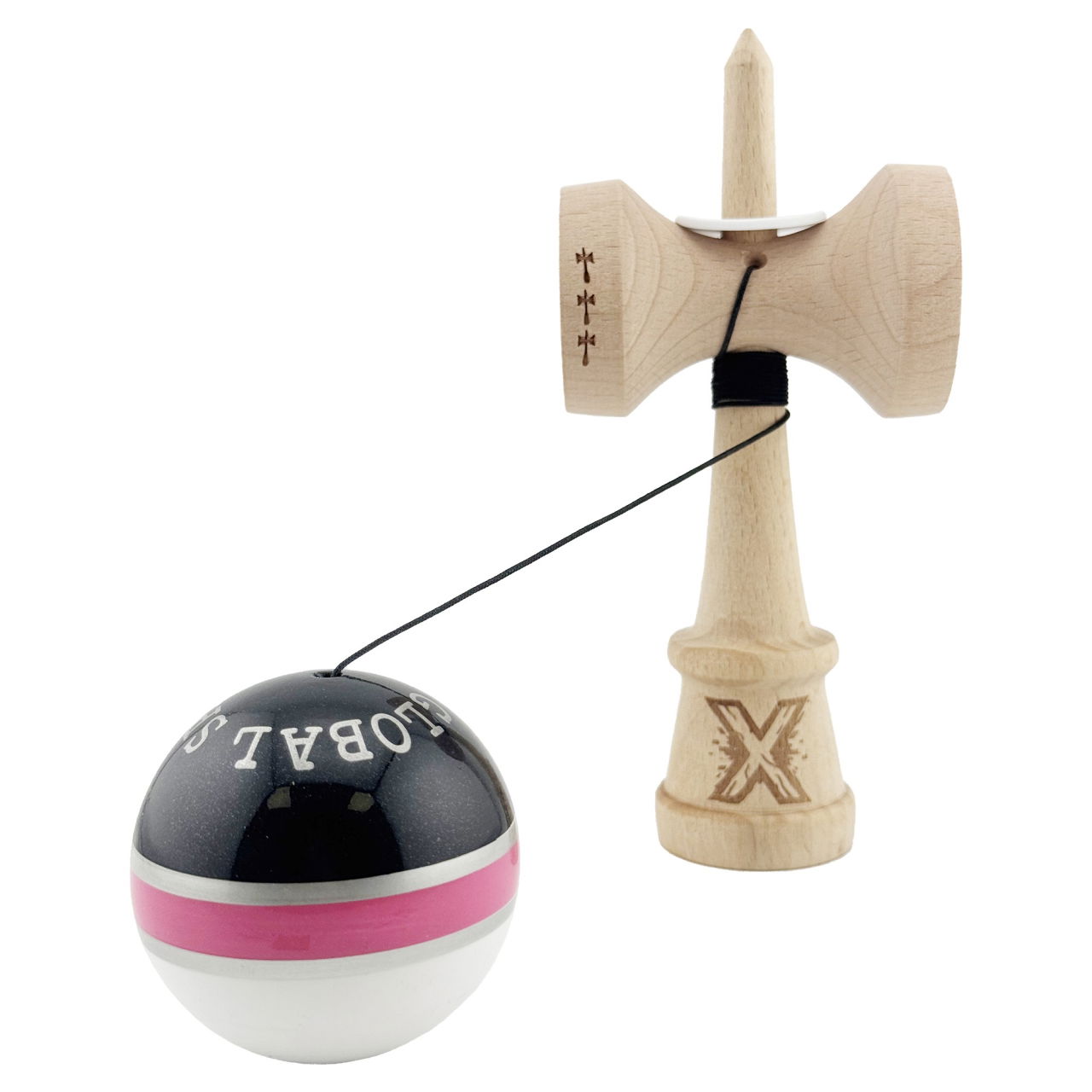 Kendama X Originala ROYAL SPIKE, Profesionala, Flippy, Cupe Mari KING SIZE V3, Super Sticky, Gaura in Baza, Rulment Metalic, din lemn 18 cm, Ata 62/65 cm, Inel Roz [4]