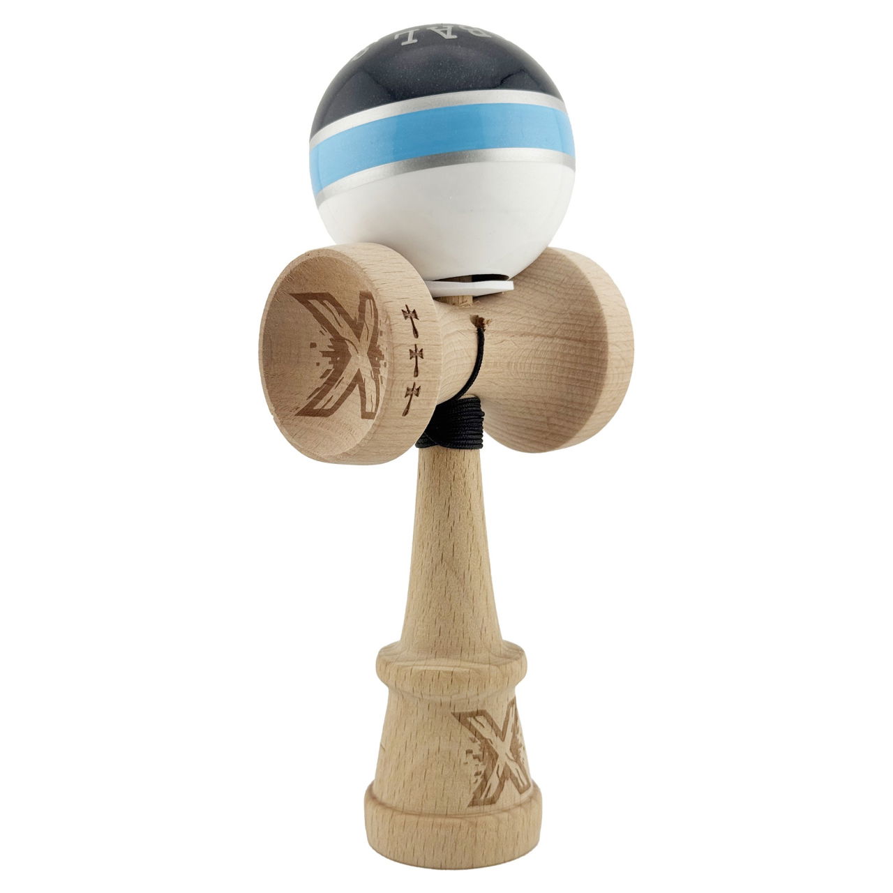 Kendama X Originala ROYAL SPIKE, Profesionala, Flippy, Cupe Mari KING SIZE V3, Super Sticky, Gaura in Baza, Rulment Metalic, din lemn 18 cm, Ata 62/65 cm, Inel Albastru deschis [1]