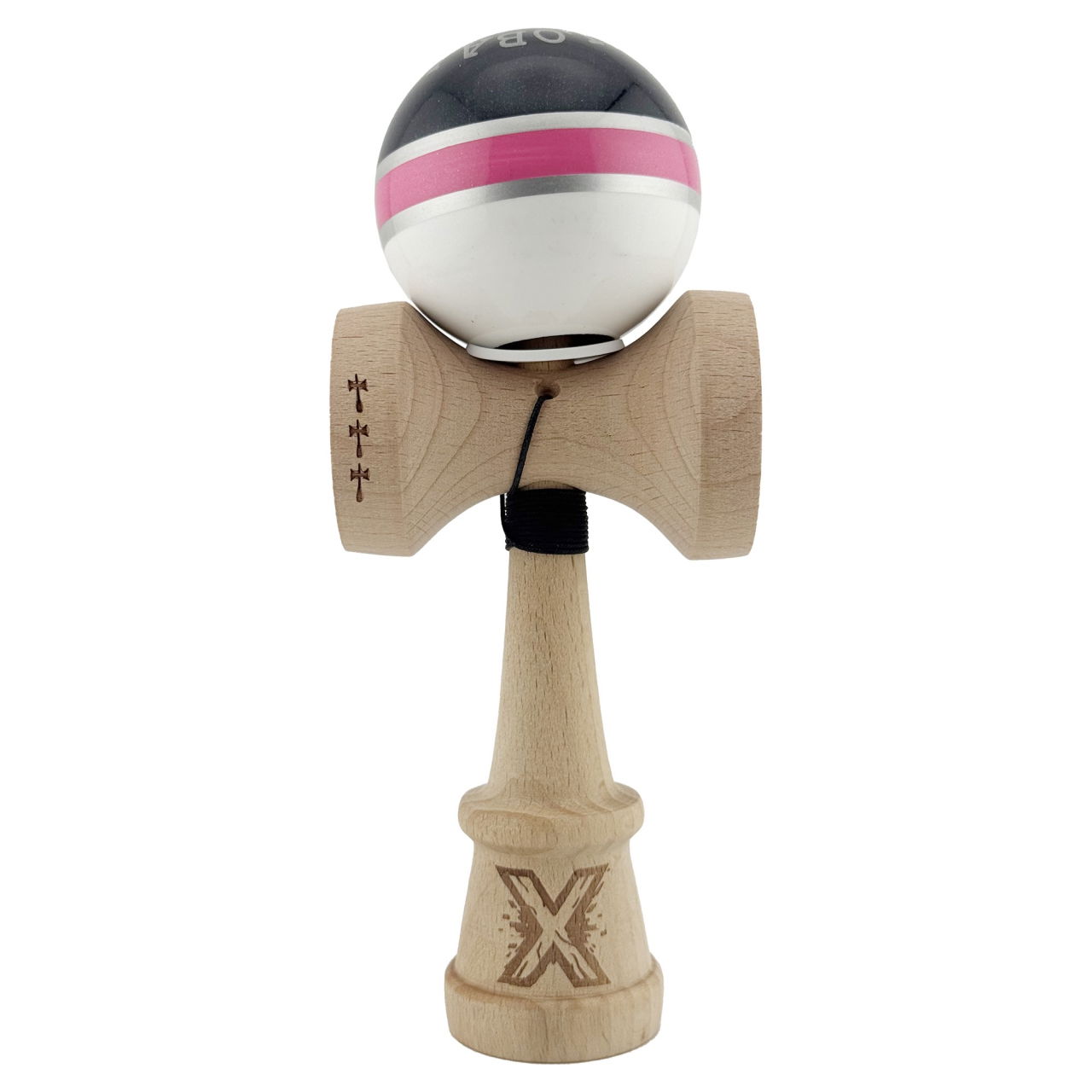 Kendama X Originala ROYAL SPIKE, Profesionala, Flippy, Cupe Mari KING SIZE V3, Super Sticky, Gaura in Baza, Rulment Metalic, din lemn 18 cm, Ata 62/65 cm, Inel Roz [2]