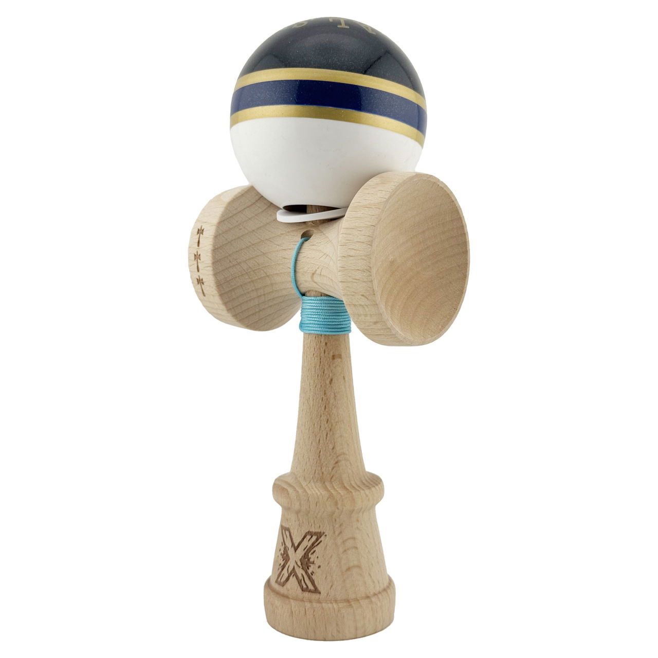 Kendama X Originala ROYAL SPIKE, Profesionala, Flippy, Cupe Mari KING SIZE V3, Super Sticky, Gaura in Baza, Rulment Metalic, din lemn 18 cm, Ata 62/65 cm, Inel Albastru inchis [3]