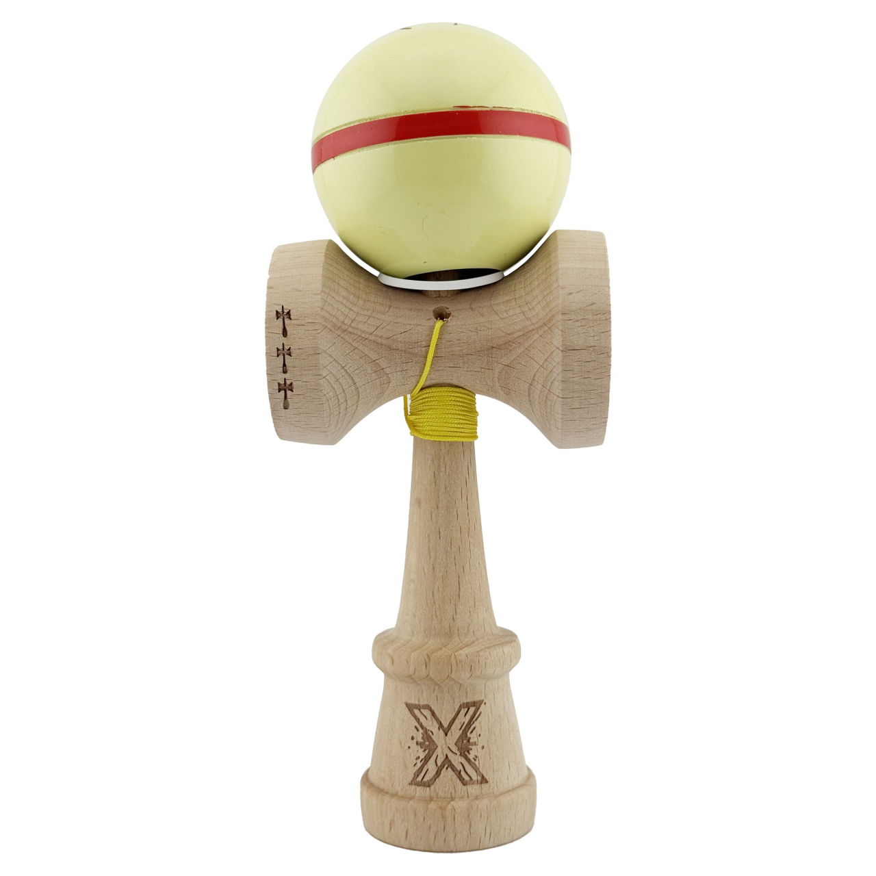 Kendama X Originala Silken, Profesionala, Flippy, Cupe Mari KING SIZE V3, Super Sticky, Gaura in Baza, Rulment Metalic, din lemn 18 cm, Ata 62/65 cm, Cream Galben [2]
