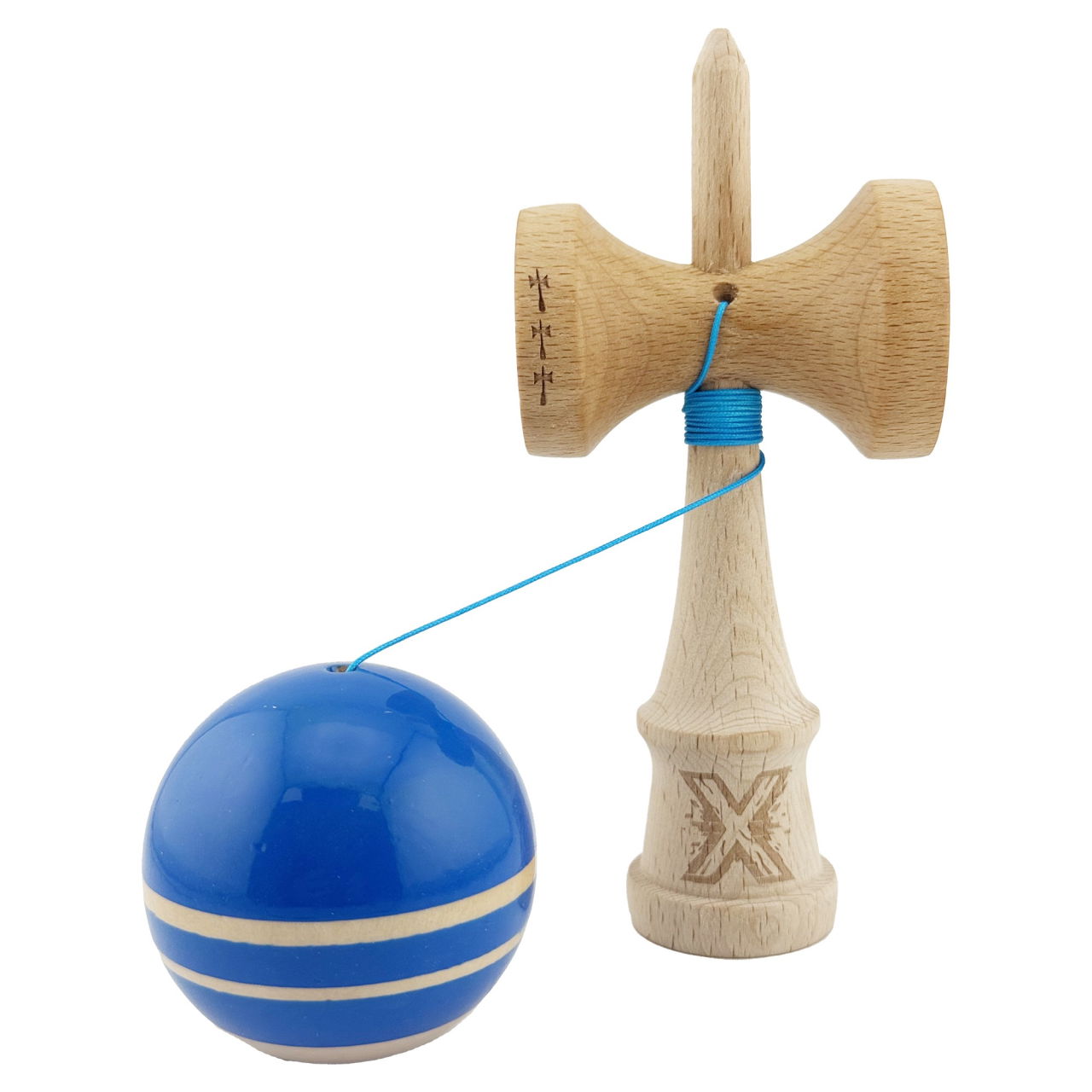 Kendama X Rainbow Originala, Profesionala, Flippy, Big Cups V2, Super Sticky cu Cupe Mari, Rulment Metalic, din lemn 18 cm, Ata 55 cm, Albastru/Maro [3]