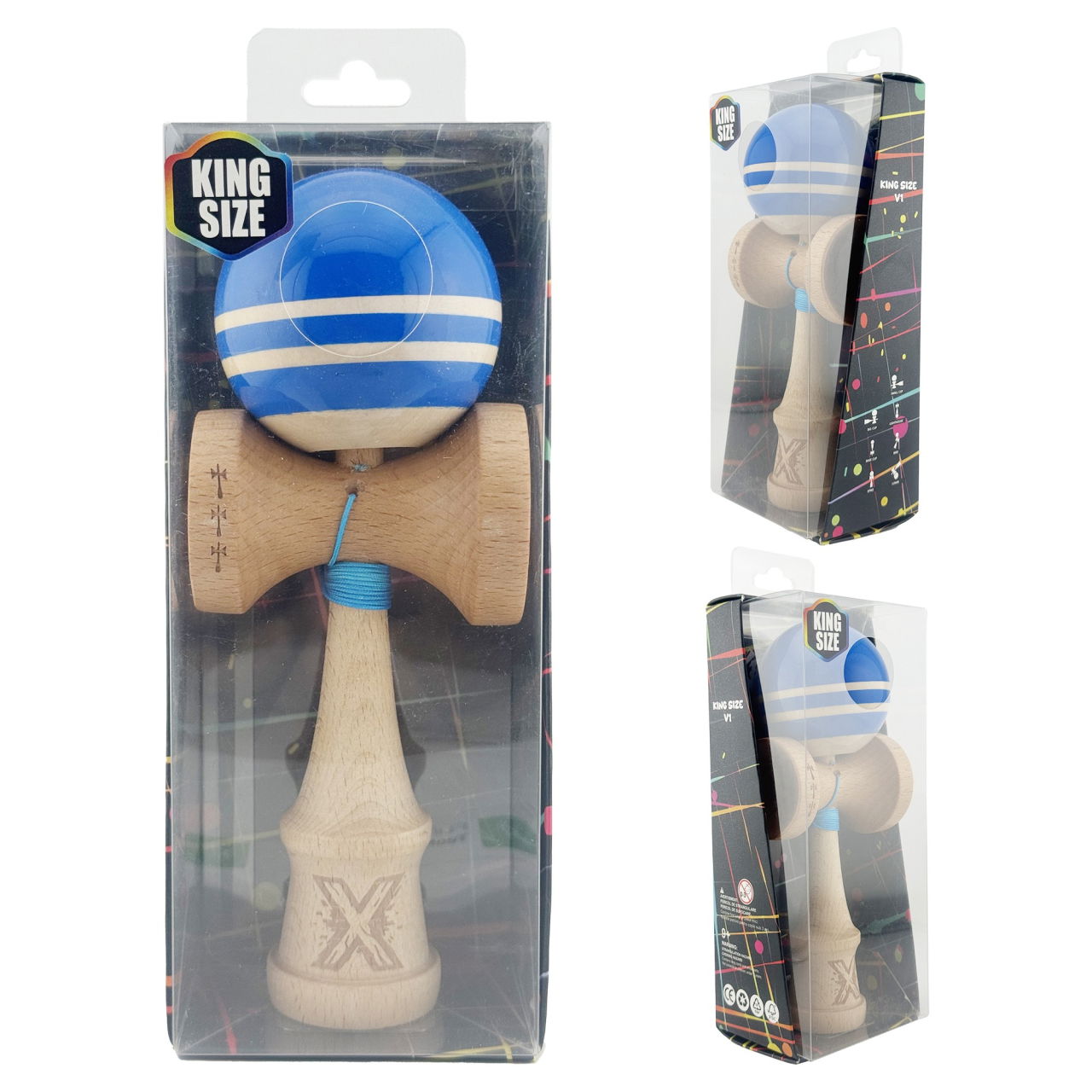 Kendama X Rainbow Originala, Profesionala, Flippy, Big Cups V2, Super Sticky cu Cupe Mari, Rulment Metalic, din lemn 18 cm, Ata 55 cm, Albastru/Maro [9]