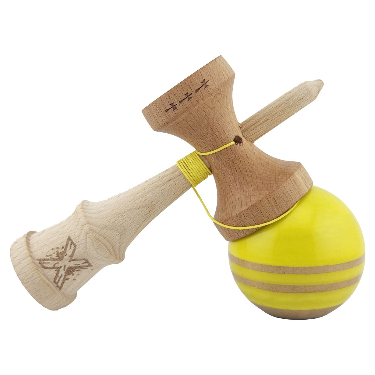 Kendama X Rainbow Originala, Profesionala, Flippy, Big Cups V2, Super Sticky cu Cupe Mari, Rulment Metalic, din lemn 18 cm, Ata 55 cm, Galben/Maro [4]