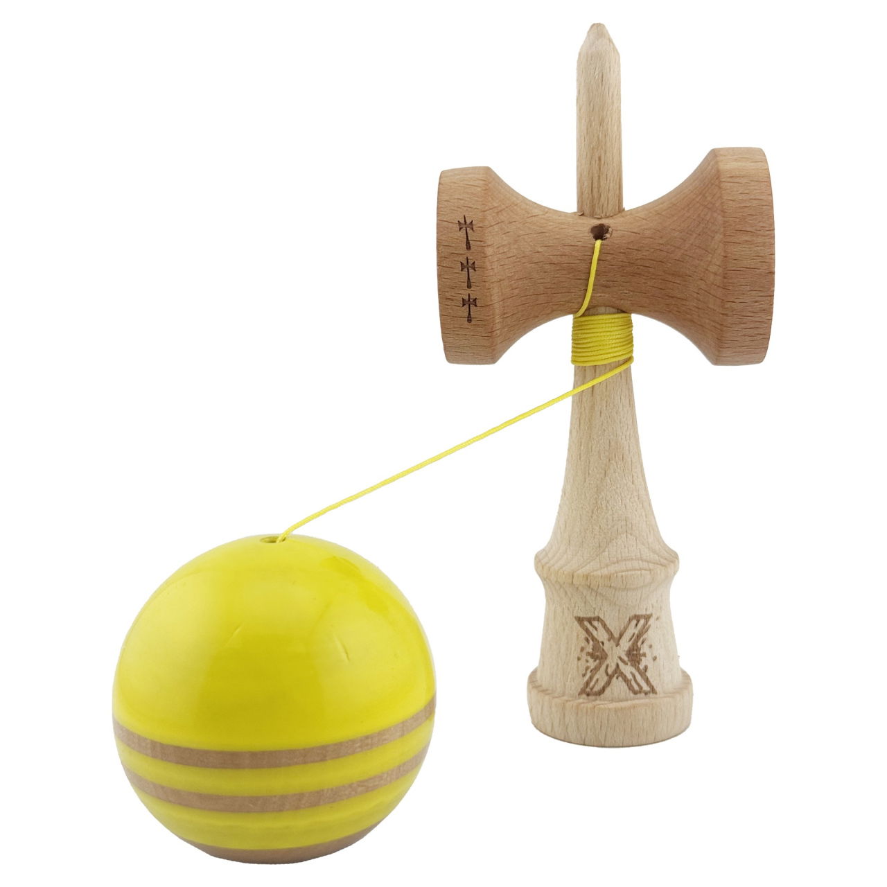 Kendama X Rainbow Originala, Profesionala, Flippy, Big Cups V2, Super Sticky cu Cupe Mari, Rulment Metalic, din lemn 18 cm, Ata 55 cm, Galben/Maro [3]