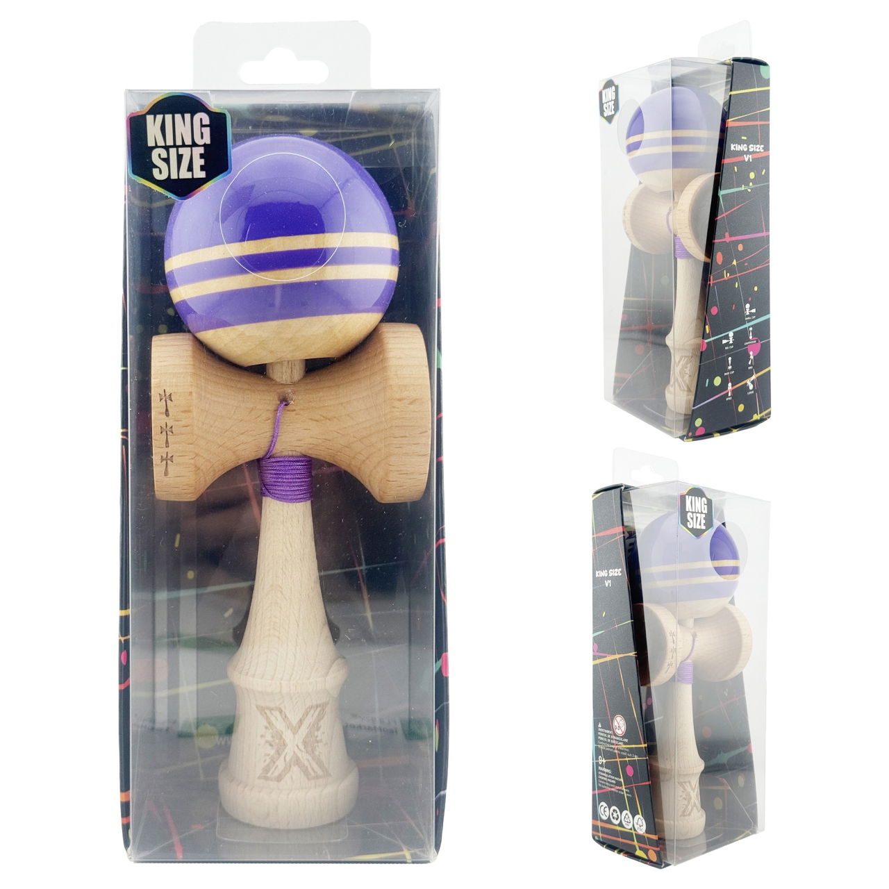 Kendama X Rainbow Originala, Profesionala, Flippy, Big Cups V2, Super Sticky cu Cupe Mari, Rulment Metalic, din lemn 18 cm, Ata 55 cm, Indigo/Maro [10]