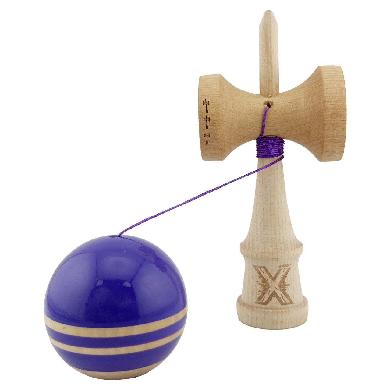Kendama X Rainbow Originala, Profesionala, Flippy, Big Cups V2, Super Sticky cu Cupe Mari, Rulment Metalic, din lemn 18 cm, Ata 55 cm, Indigo/Maro [3]