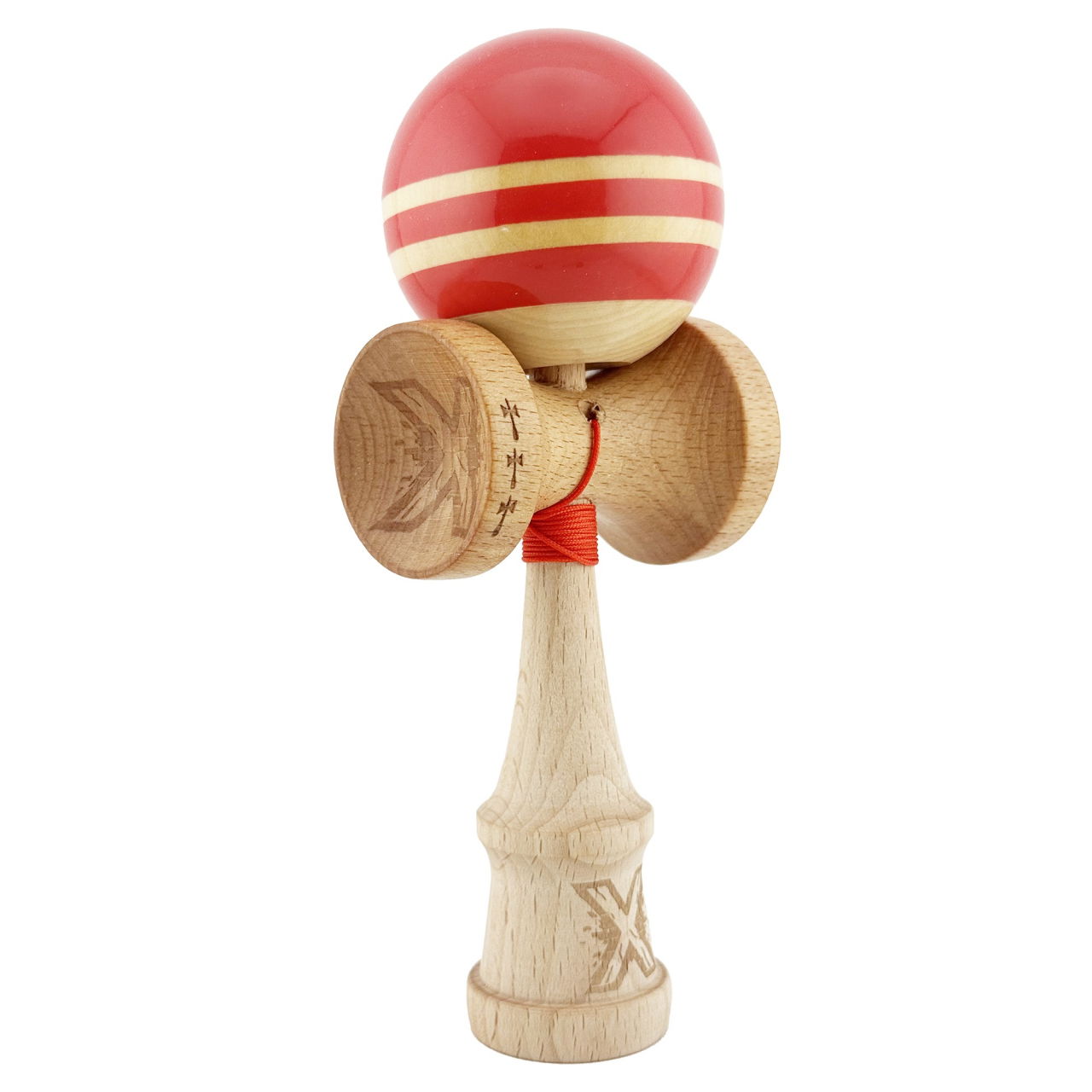 Kendama X Rainbow Originala, Profesionala, Flippy, Big Cups V2, Super Sticky cu Cupe Mari, Rulment Metalic, din lemn 18 cm, Ata 55 cm, Rosu/Maro [9]