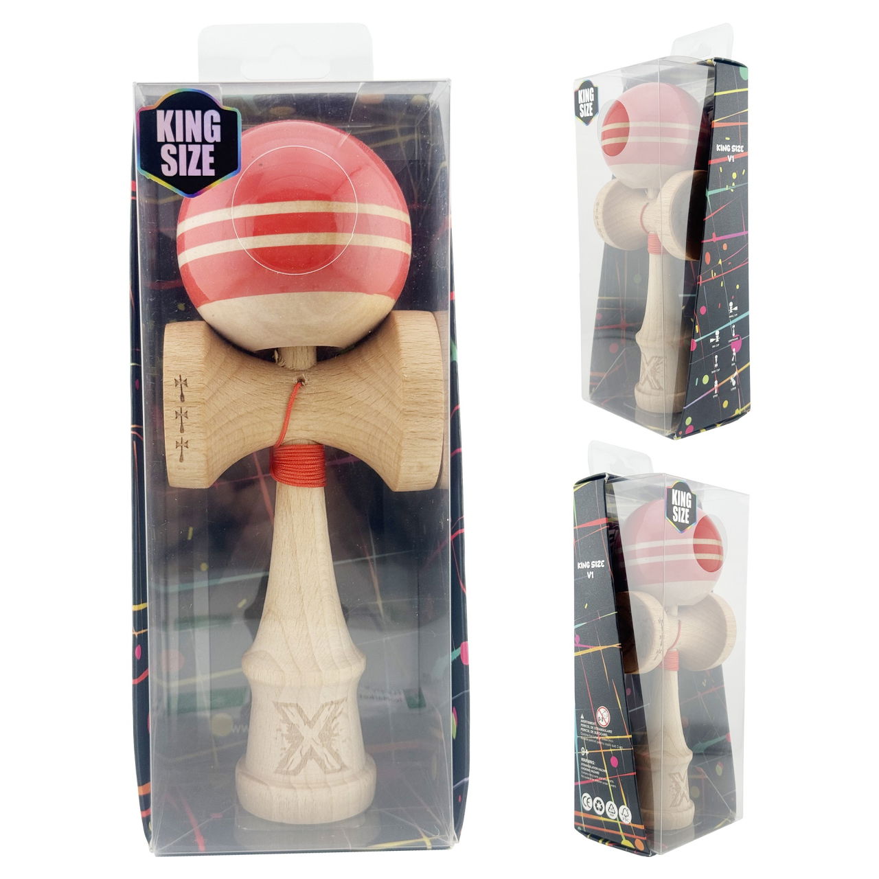 Kendama X Rainbow Originala, Profesionala, Flippy, Big Cups V2, Super Sticky cu Cupe Mari, Rulment Metalic, din lemn 18 cm, Ata 55 cm, Rosu/Maro [10]