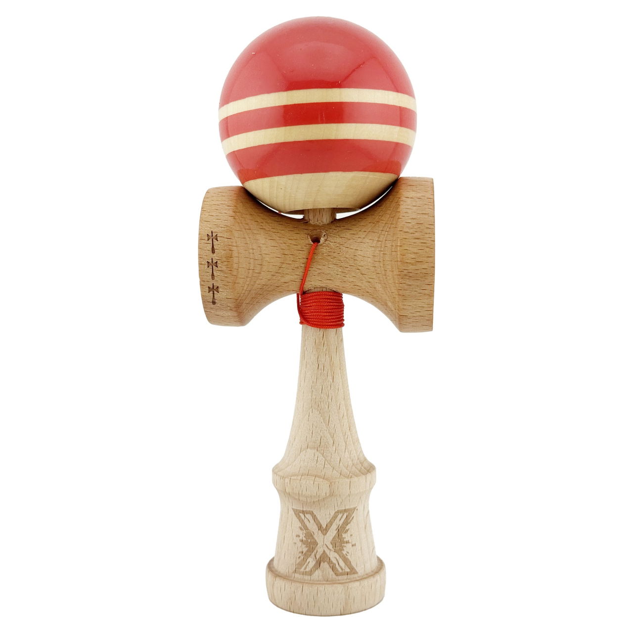 Kendama X Rainbow Originala, Profesionala, Flippy, Big Cups V2, Super Sticky cu Cupe Mari, Rulment Metalic, din lemn 18 cm, Ata 55 cm, Rosu/Maro [1]