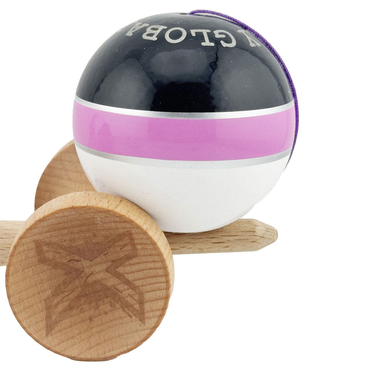 Kendama X ROYAL SPIKE Originala, Profesionala, Flippy, Big Cups V2, Super Sticky cu Cupe Mari, Rulment Metalic, din lemn 18 cm, Ata 55 cm, Negru/Roz Silver/Alb [7]