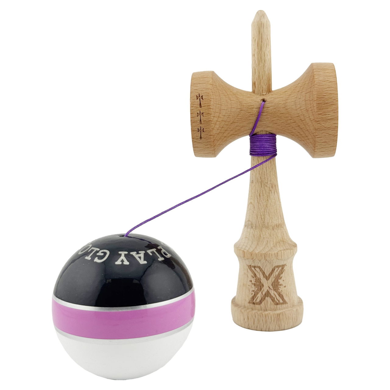 Kendama X ROYAL SPIKE Originala, Profesionala, Flippy, Big Cups V2, Super Sticky cu Cupe Mari, Rulment Metalic, din lemn 18 cm, Ata 55 cm, Negru/Roz Silver/Alb [3]