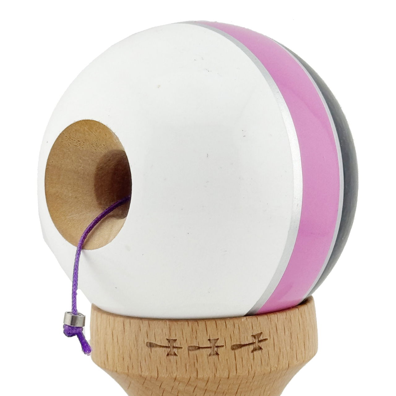 Kendama X ROYAL SPIKE Originala, Profesionala, Flippy, Big Cups V2, Super Sticky cu Cupe Mari, Rulment Metalic, din lemn 18 cm, Ata 55 cm, Negru/Roz Silver/Alb [5]