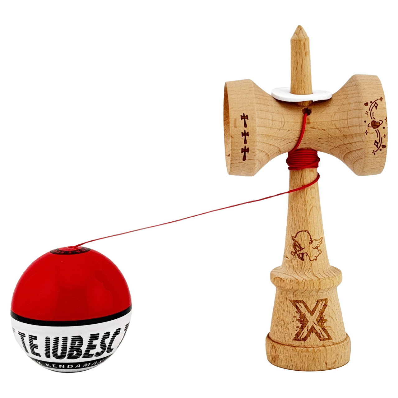 Kendama X TE IUBESC Originala, Profesionala, Flippy, Super Sticky cu Cupe Mari KING SIZE V3, Gaura in Baza, Rulment Metalic, din lemn 18 cm, Ata 62/65 cm, Rosu/Alb [4]