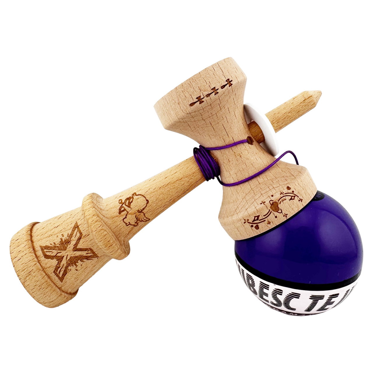 Kendama X TE IUBESC Originala, Profesionala, Flippy, Super Sticky cu Cupe Mari KING SIZE V3, Gaura in Baza, Rulment Metalic, din lemn 18 cm, Ata 62/65 cm, Violet/Alb [5]
