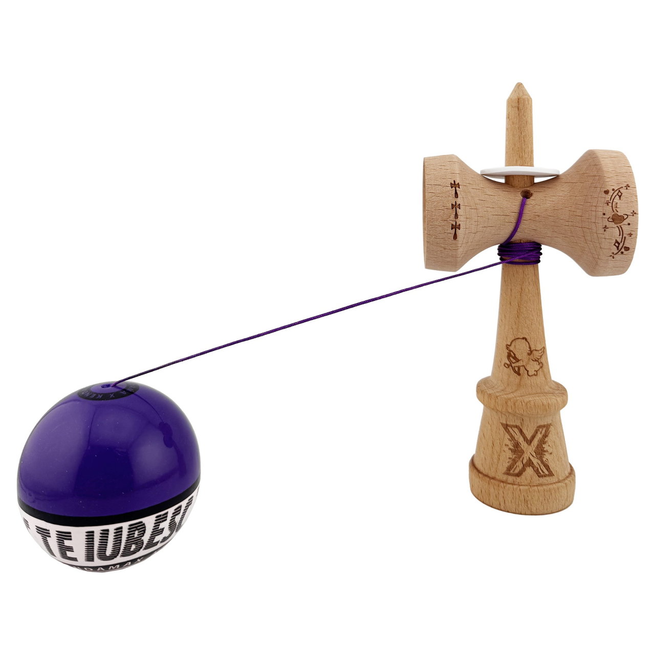 Kendama X TE IUBESC Originala, Profesionala, Flippy, Super Sticky cu Cupe Mari KING SIZE V3, Gaura in Baza, Rulment Metalic, din lemn 18 cm, Ata 62/65 cm, Violet/Alb [4]