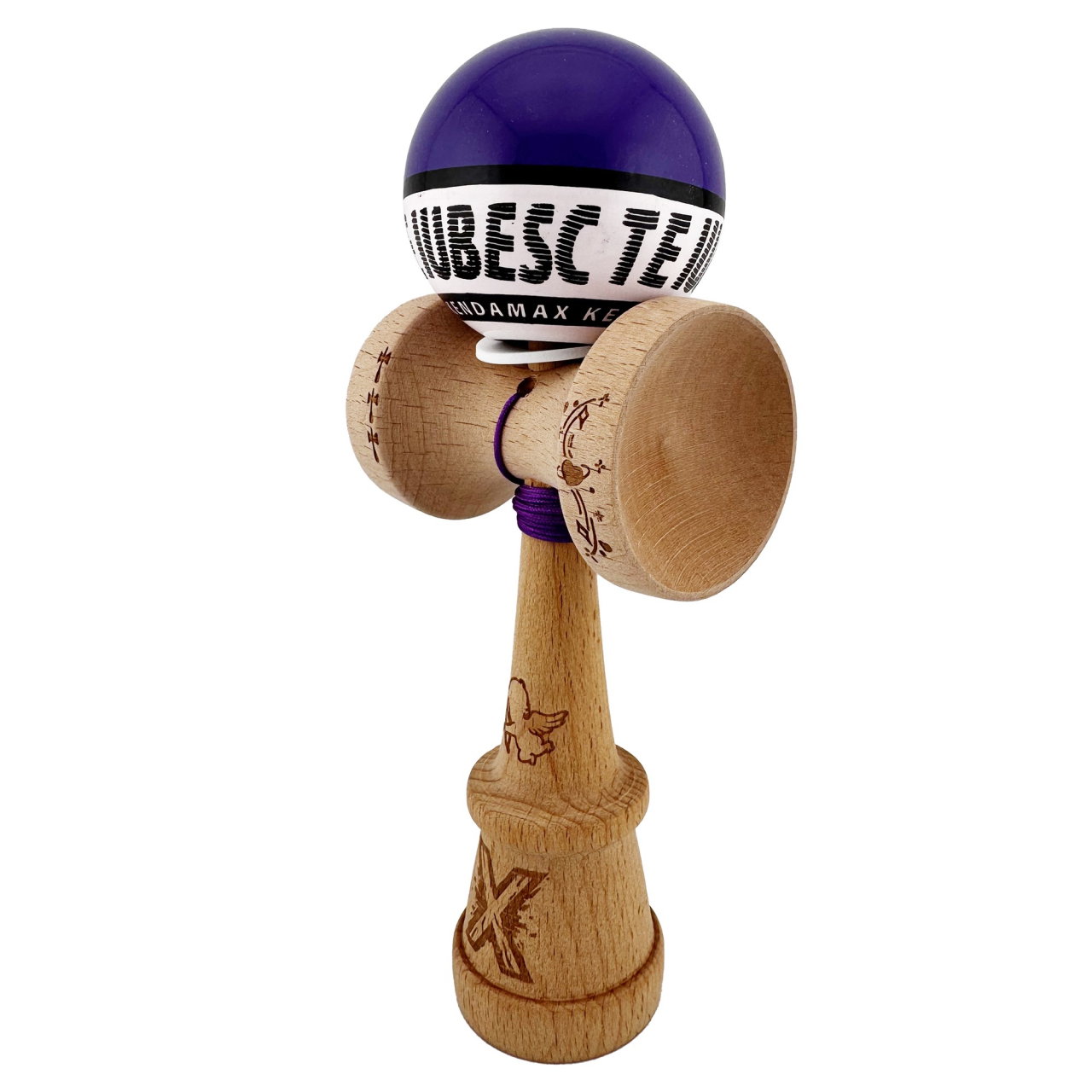Kendama X TE IUBESC Originala, Profesionala, Flippy, Super Sticky cu Cupe Mari KING SIZE V3, Gaura in Baza, Rulment Metalic, din lemn 18 cm, Ata 62/65 cm, Violet/Alb [3]