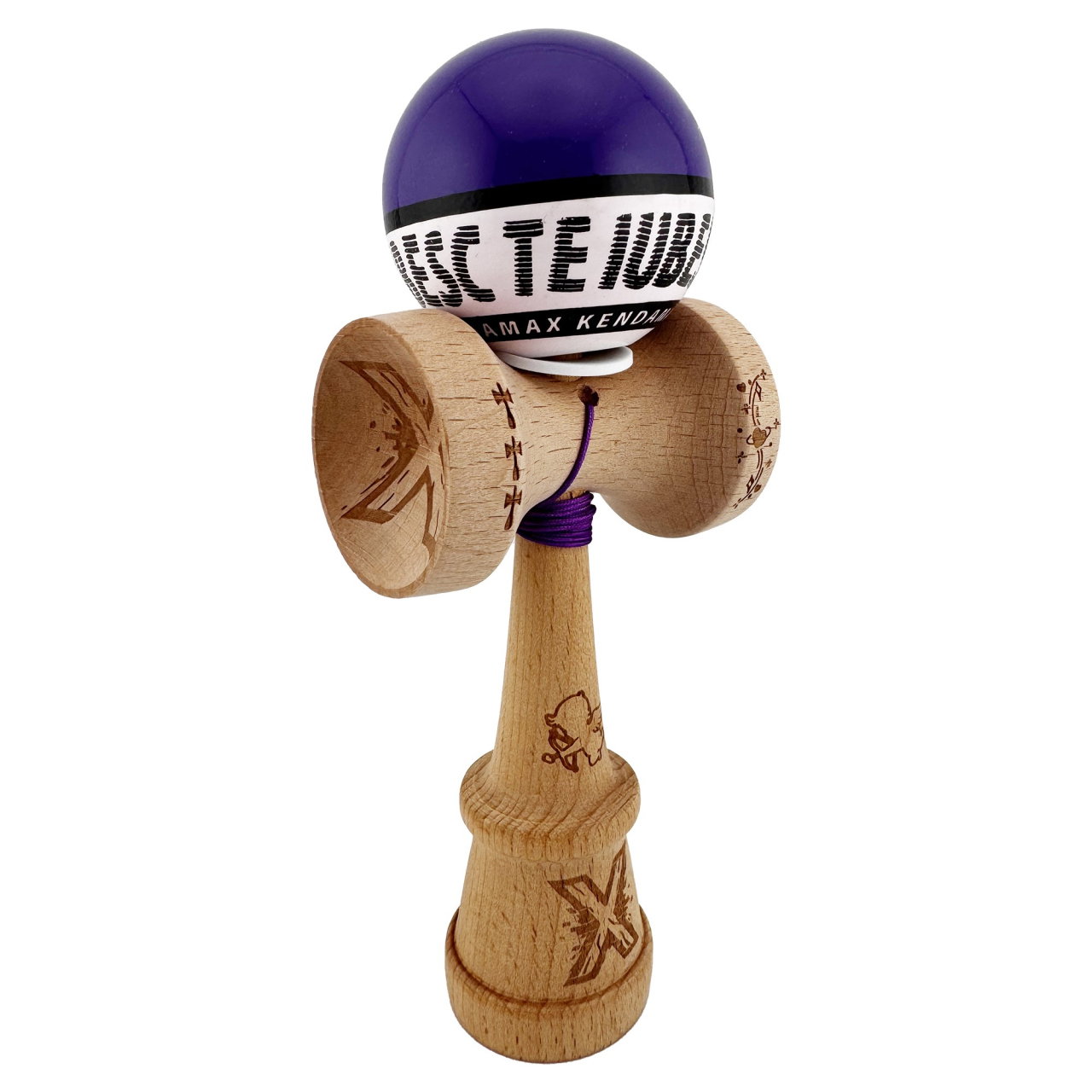 Kendama X TE IUBESC Originala, Profesionala, Flippy, Super Sticky cu Cupe Mari KING SIZE V3, Gaura in Baza, Rulment Metalic, din lemn 18 cm, Ata 62/65 cm, Violet/Alb [1]