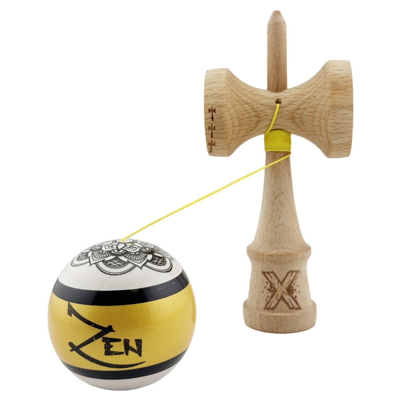 Kendama X ZEN Originala, Profesionala, Flippy, Big Cups V2, Super Sticky Legendary Cupe Mari, Rulment Metalic cu Ata 55 cm, Auriu/Alb [3]