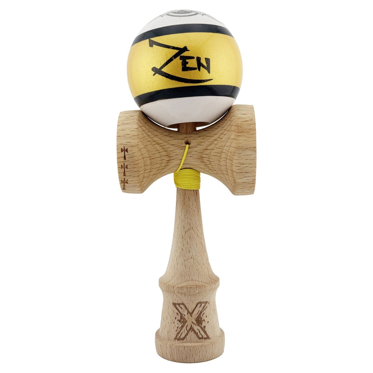 Kendama X ZEN Originala, Profesionala, Flippy, Big Cups V2, Super Sticky Legendary Cupe Mari, Rulment Metalic cu Ata 55 cm, Auriu/Alb [1]