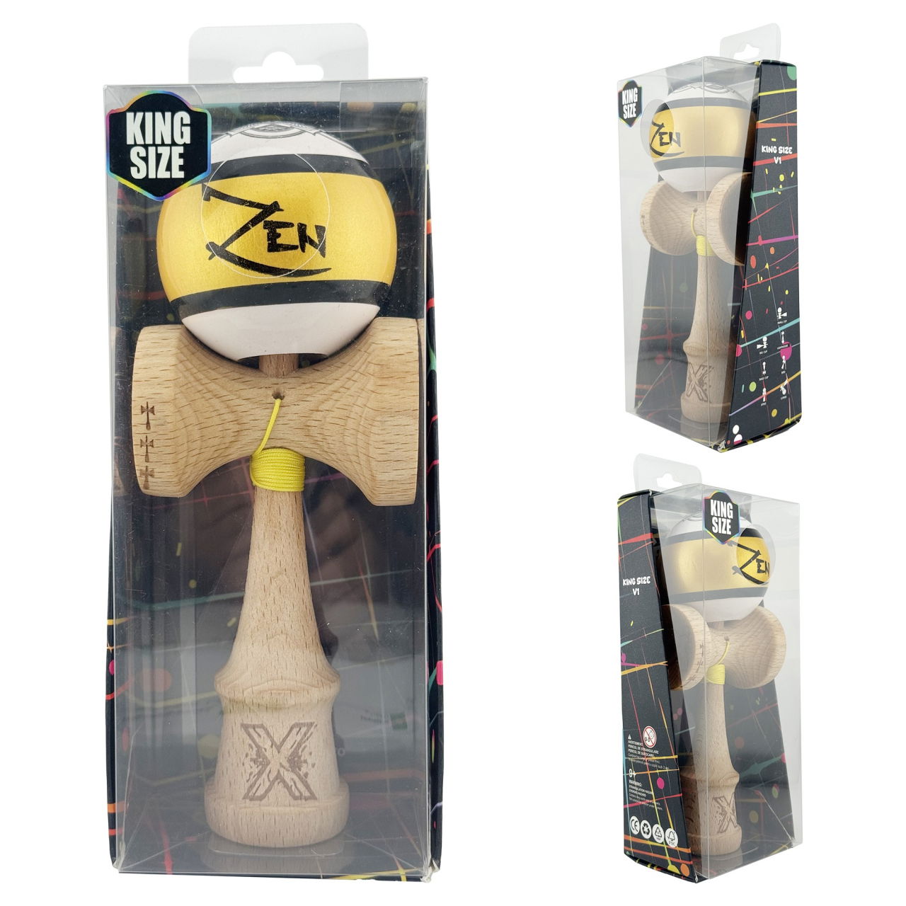 Kendama X ZEN Originala, Profesionala, Flippy, Big Cups V2, Super Sticky Legendary Cupe Mari, Rulment Metalic cu Ata 55 cm, Auriu/Alb [5]