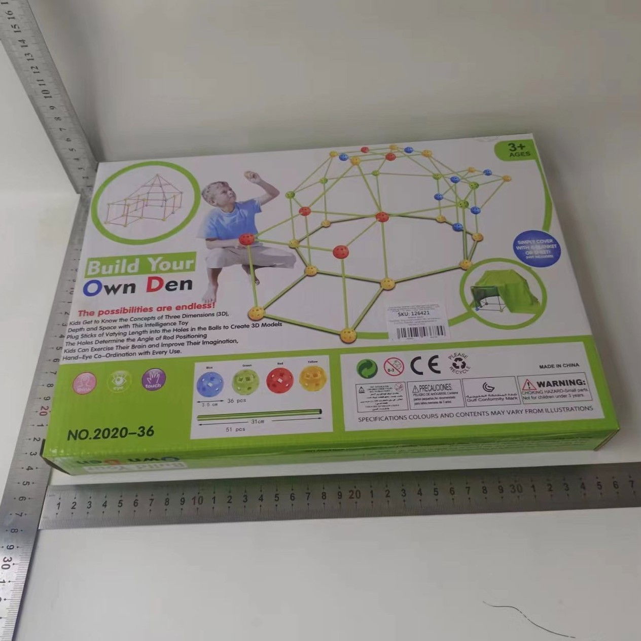 Kit de Constructie Fort 3D pentru Copii, Flippy, 560 g, 36 Sfere, 51 Tije, Panza Verde Impermeabil, 3 ani, Educativ, Multicolor [2]