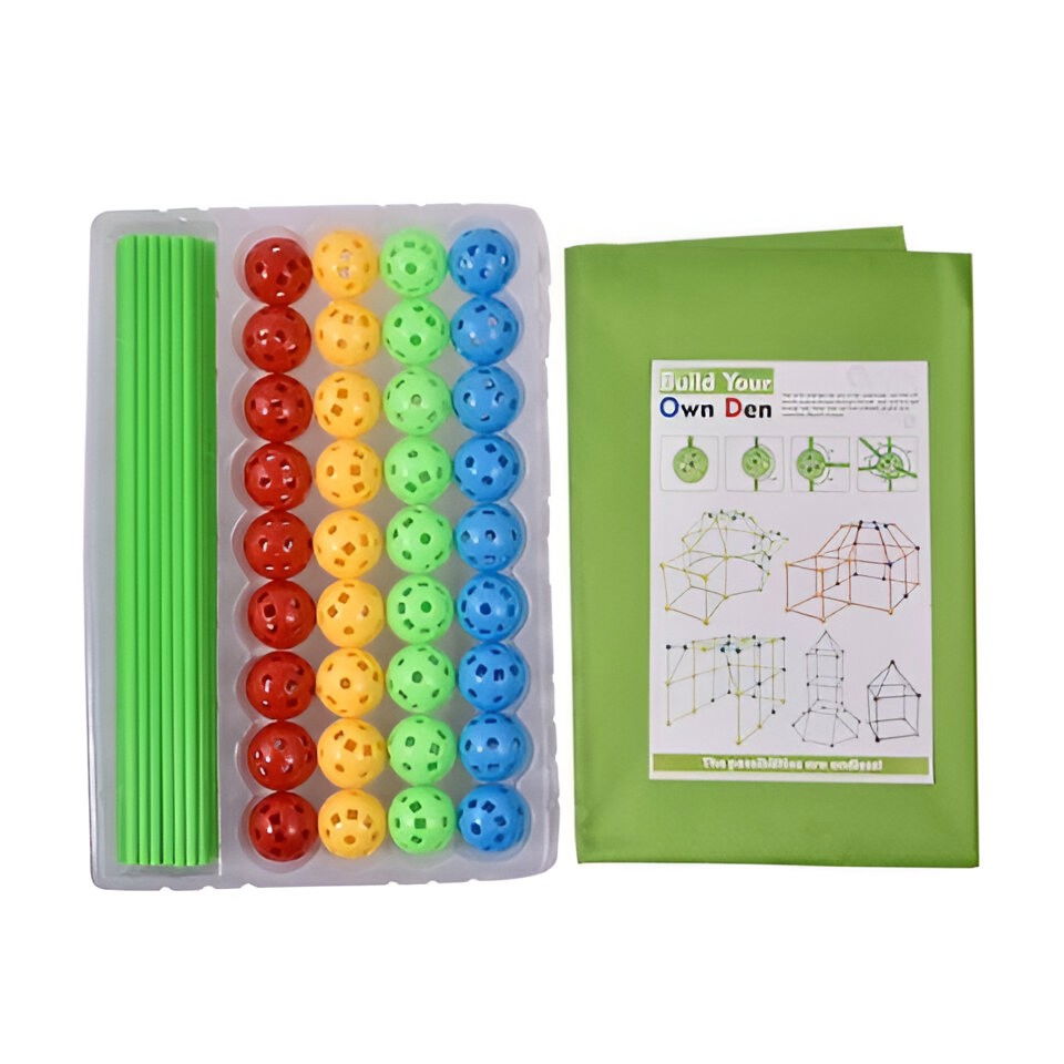 Kit de Constructie Fort 3D pentru Copii, Flippy, 560 g, 36 Sfere, 51 Tije, Panza Verde Impermeabil, 3 ani, Educativ, Multicolor [4]