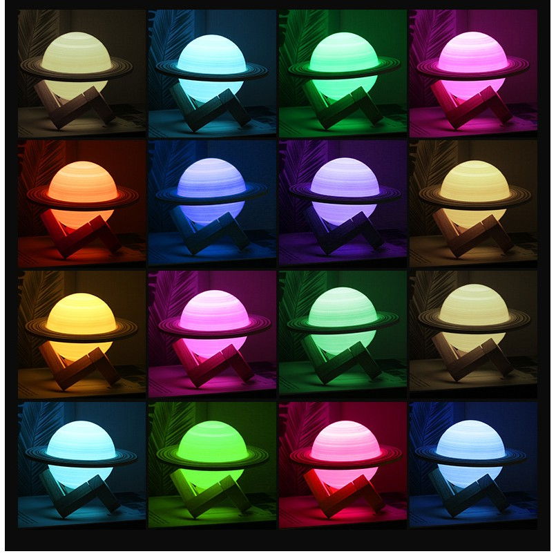 Lampa de veghe cu telecomanda in forma de Saturn 3D Saturn Light 16 culori, alimentare baterii, stand lemn inclus, 15 cm, Flippy [2]