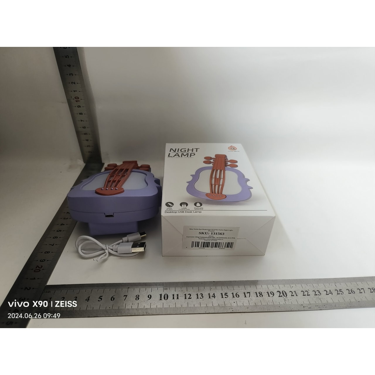 Lampa de Veghe, Flippy, cu Protectie pentru Ochi, Model Violina, Lumina Calda, Incarcare USB, ABS, 14.3x5x9.9 cm, Mov/ Portocaliu [2]