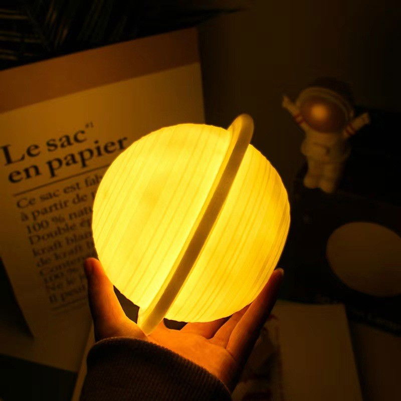 Lampa de Veghe, Flippy, Model Planeta Saturn, 3D, Lumina Alb Cald, Suport din Plastic, cu Baterii, 13 cm, Alb [8]