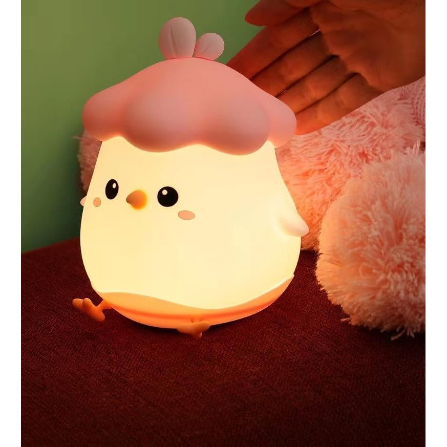 Lampa de Veghe pentru Copii, Flippy, din Silicon, Senzor Tactil, Model Pui, Lumina Calda, Protectie pentru Ochi, Incarcare USB, Capacitate Baterie Incorporata 800mAh, 11 x 10 x 12.4 cm, Roz [3]