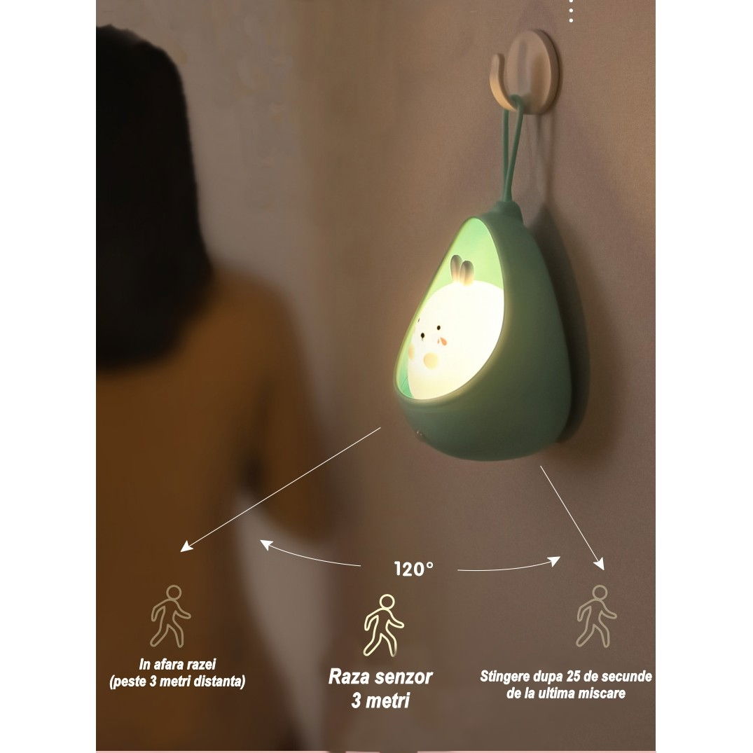 Lampa de veghe portabila cu 2 moduri de functionare Flippy, silicon non-toxic, reincarcabila USB, senzor miscare, albastru, iepuras [2]