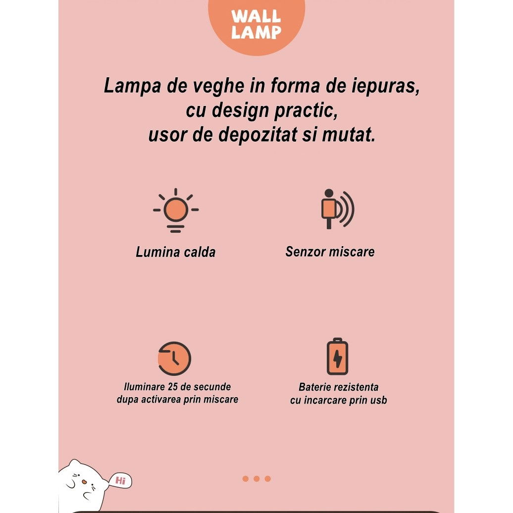 Lampa de veghe portabila cu 2 moduri de functionare Flippy, silicon non-toxic, reincarcabila USB, senzor miscare, roz, iepuras [4]