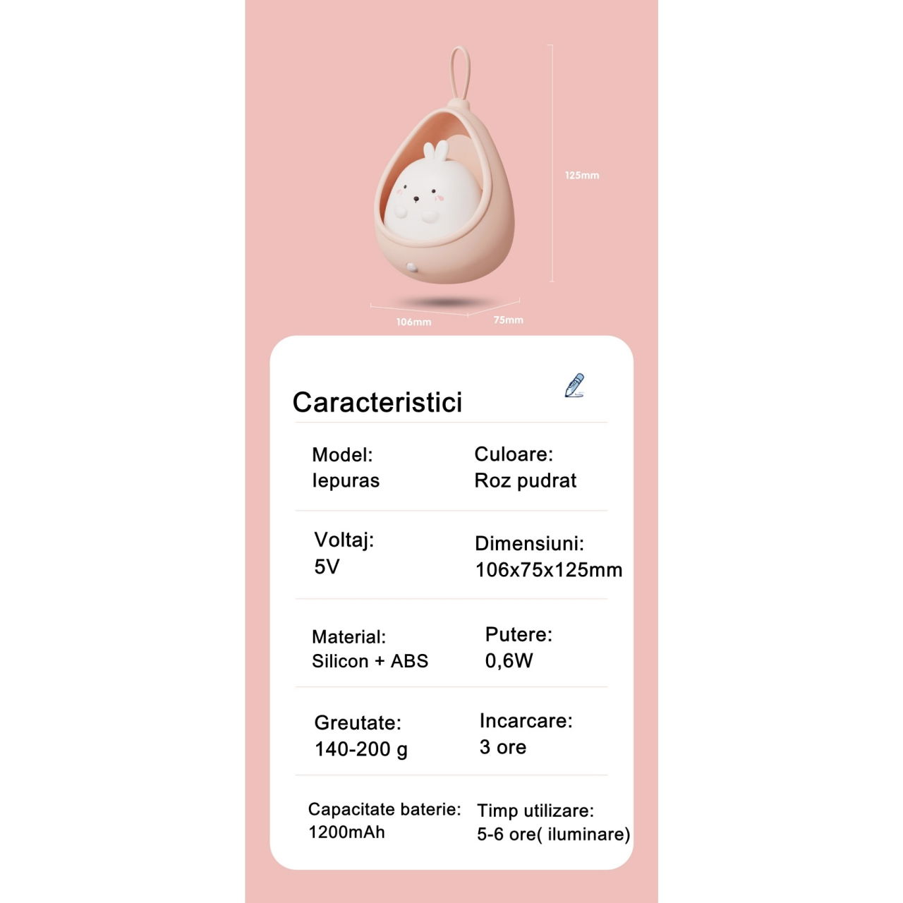 Lampa de veghe portabila cu 2 moduri de functionare Flippy, silicon non-toxic, reincarcabila USB, senzor miscare, roz, iepuras [10]