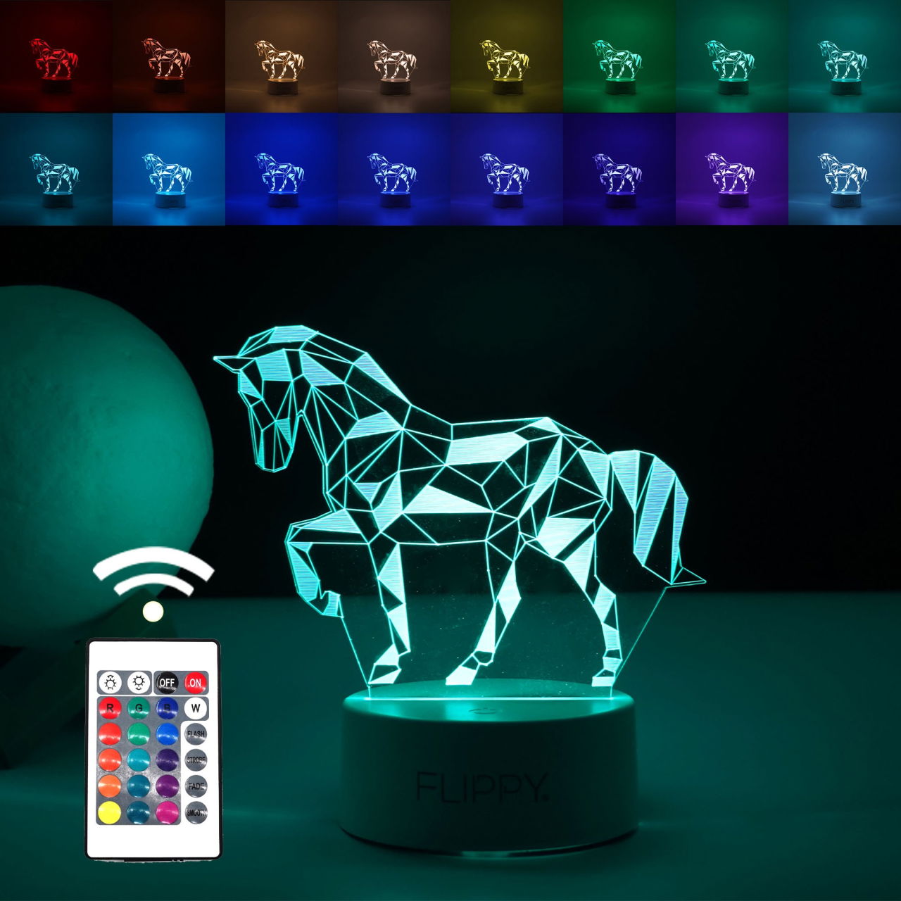 Lampa LED decorativa, Flippy, 3D, Cal, cu telecomanda, doua moduri de alimentare USB si baterii, 20 cm inaltime, din material acril si lumina multicolora, alb [1]
