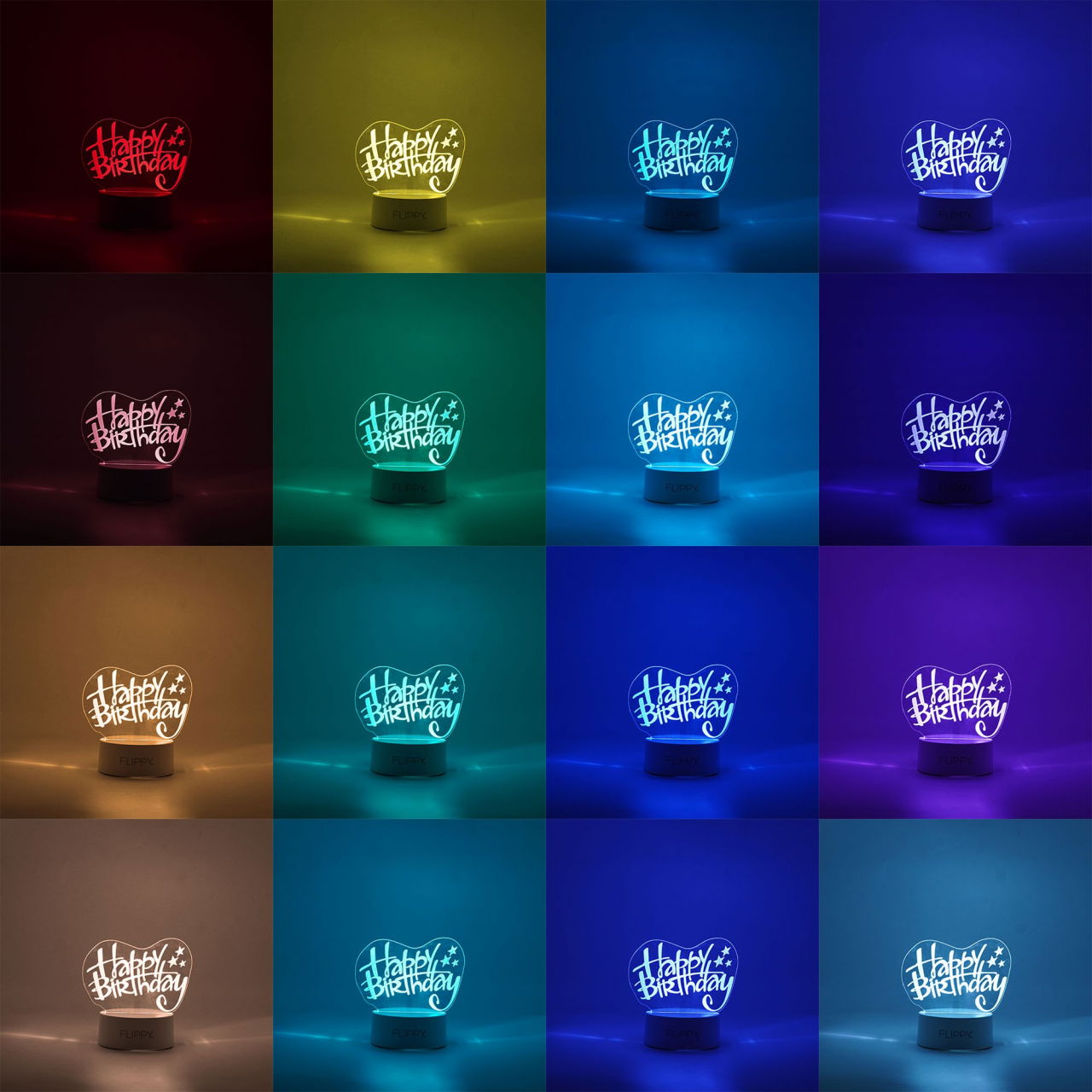 Lampa LED decorativa, Flippy, 3D, Happy Birthday, cu USB si baterii, 20 cm inaltime, din material acril, lumina multicolora si telecomanda inclusa, alb [2]