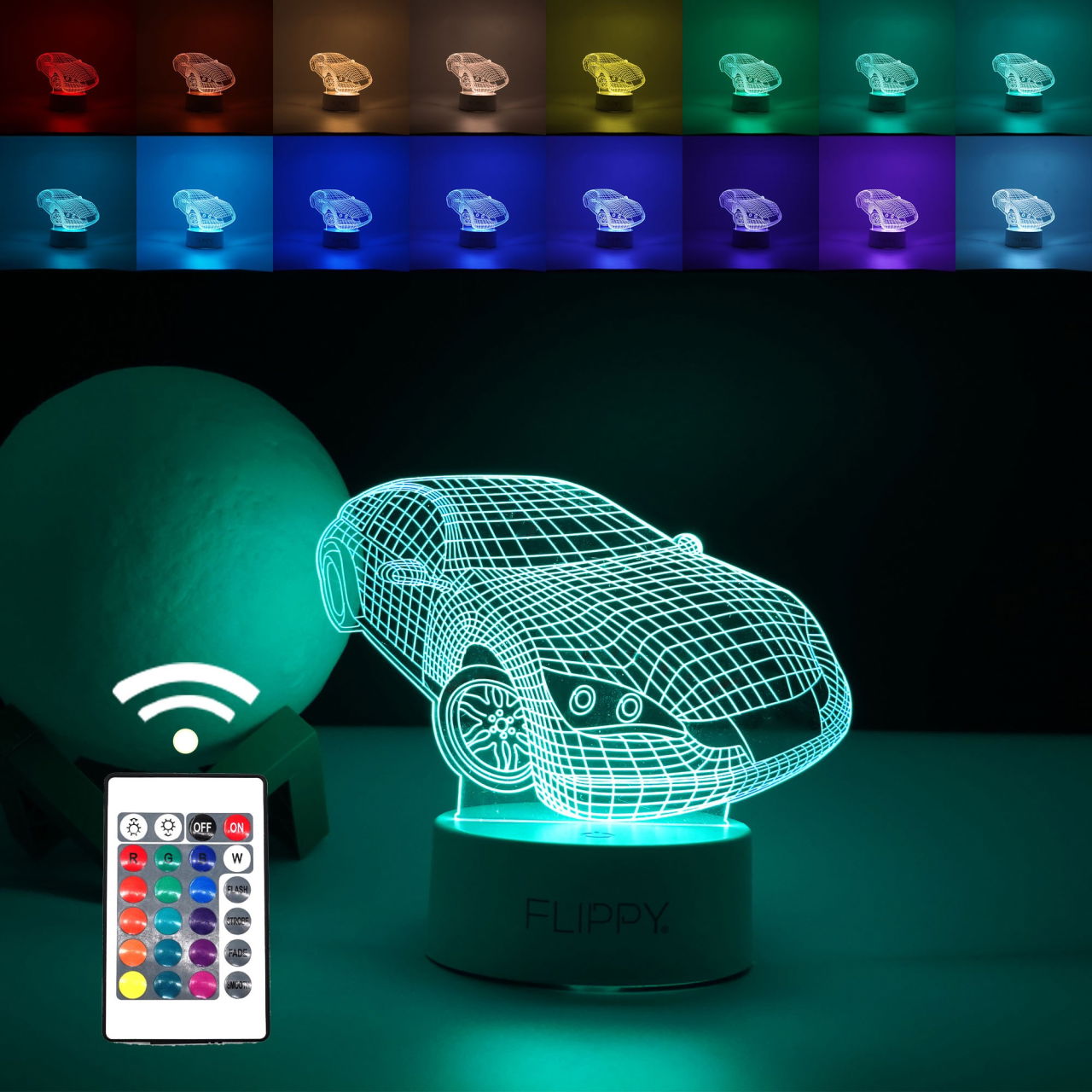 Lampa LED decorativa, Flippy, 3D, Masina Sport, doua moduri de alimentare USB si baterii, 20 cm inaltime, din material acril si lumina multicolora, alb [1]