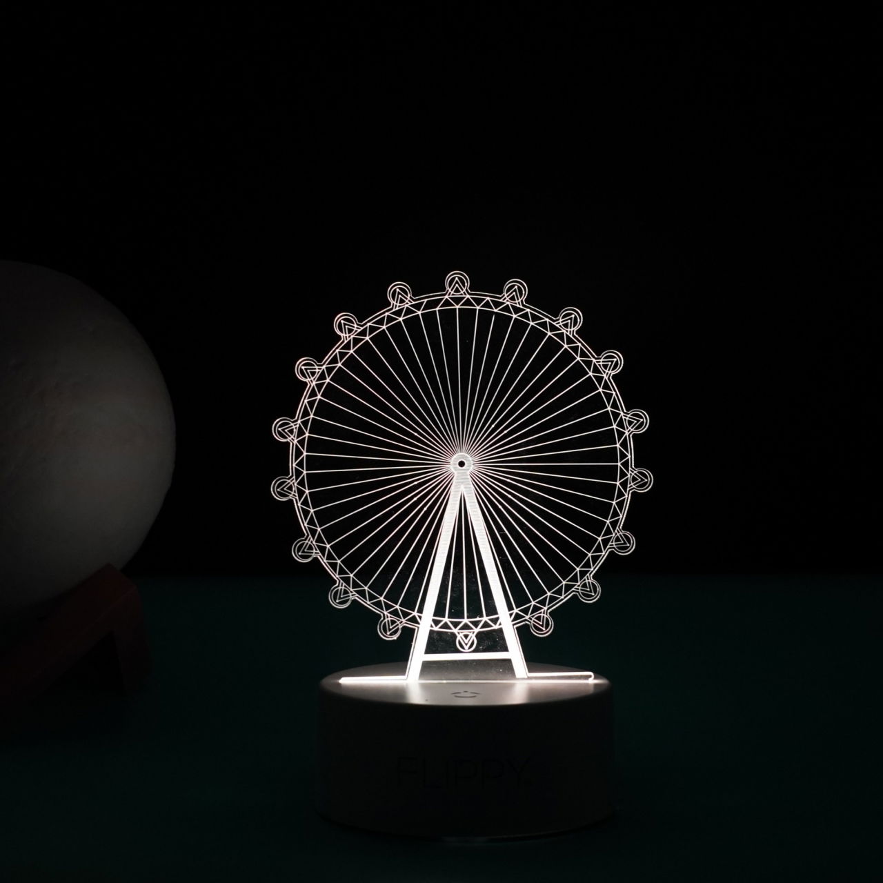Lampa LED decorativa, Flippy, 3D, Roata Panoramica, cu telecomanda, doua moduri de alimentare USB si baterii, 20 cm inaltime, din material acril si lumina multicolora, alb [3]