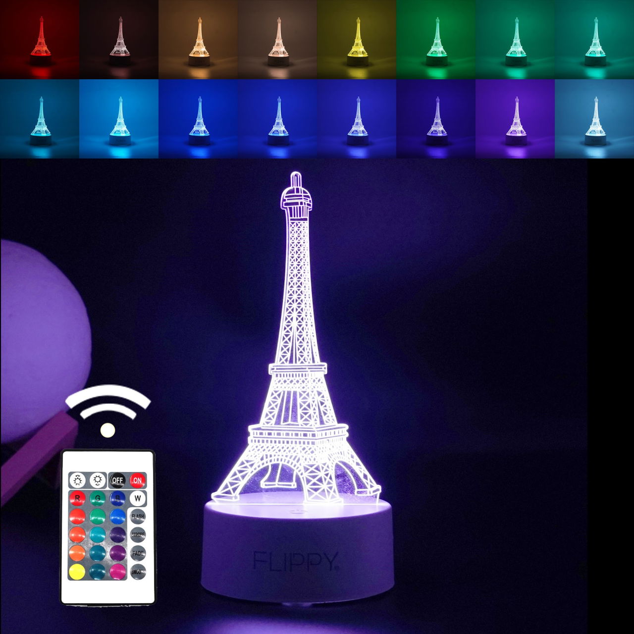 Lampa LED decorativa, Flippy, 3D, Turnul Eiffel, din material acril si lumina multicolora, alb [1]