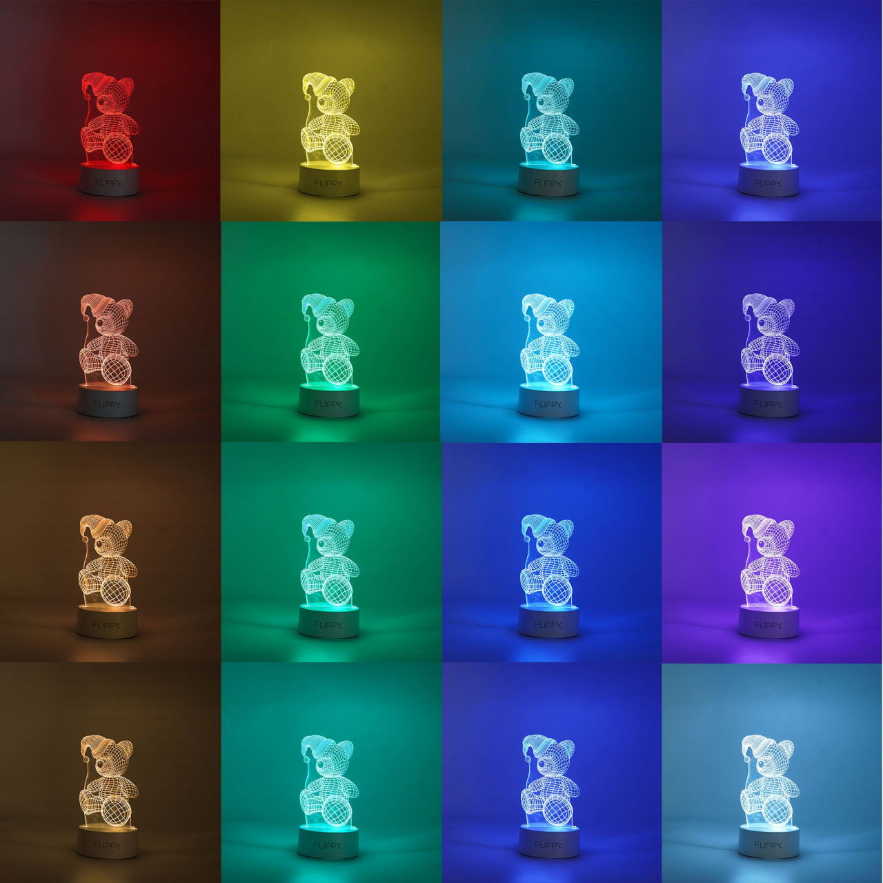 Lampa LED decorativa, Flippy, 3D, Urs cu palarie, cu telecomanda, doua moduri de alimentare USB si baterii, 20 cm inaltime, din material acril si lumina multicolora, alb [3]